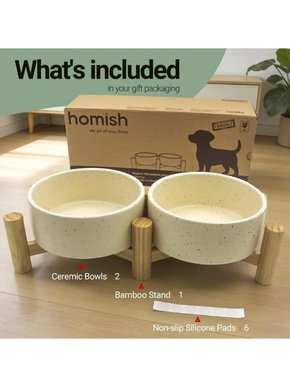 Elevated Ceramic Dog & Cat Bowls with Bamboo Stand - 27oz Pet Feeding Station